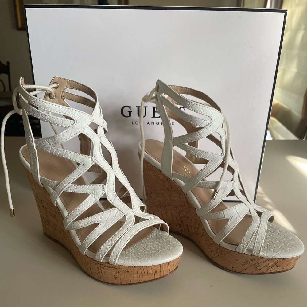 Guess White Wedge Sandals